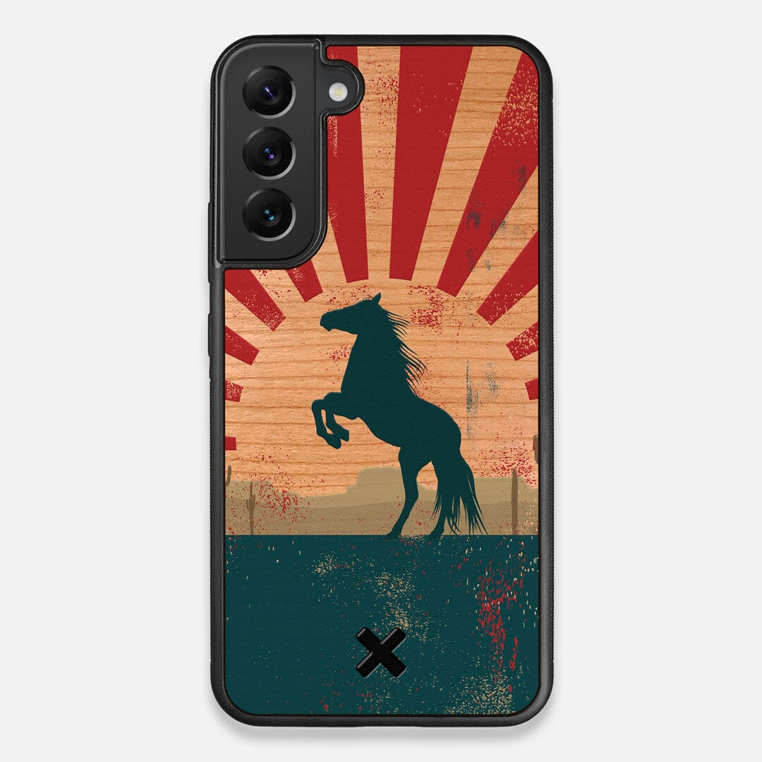 Front view of the epic mustang rearing up printed on Cherry wood Galaxy S22+ Case by Keyway Designs