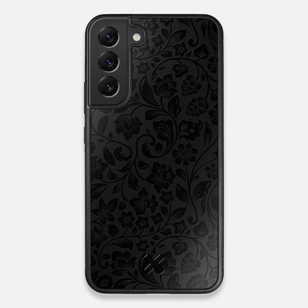 Front view of the highly detailed midnight floral engraving on matte black impact acrylic Galaxy S22 Plus Case by Keyway Designs