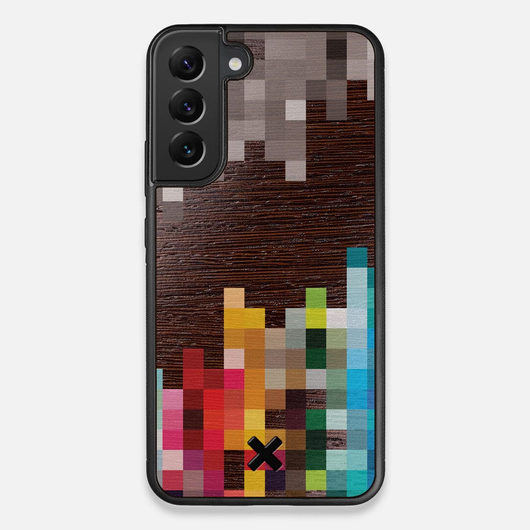 Front view of the digital art inspired pixelation design on Wenge wood Galaxy S22+ Case by Keyway Designs