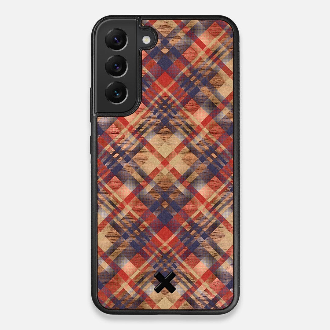 Front view of the Tartan print of beige, blue, and red on Walnut wood Galaxy S22+ Case by Keyway Designs