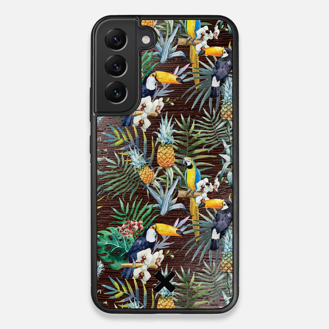 Front view of the Tropic Toucan and leaf printed Wenge Wood Galaxy S22+ Case by Keyway Designs