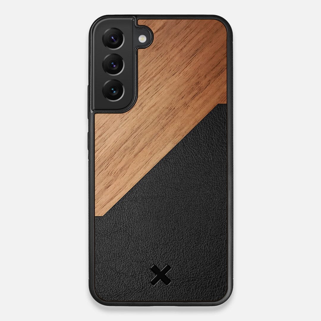 Front view of the Walnut Rift Elegant Wood & Leather Galaxy S22 Plus Case by Keyway Designs