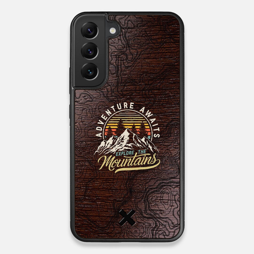 Front view of the crisp topographical map with Explorer badge printed on wenge wood Galaxy S22+ Case by Keyway Designs