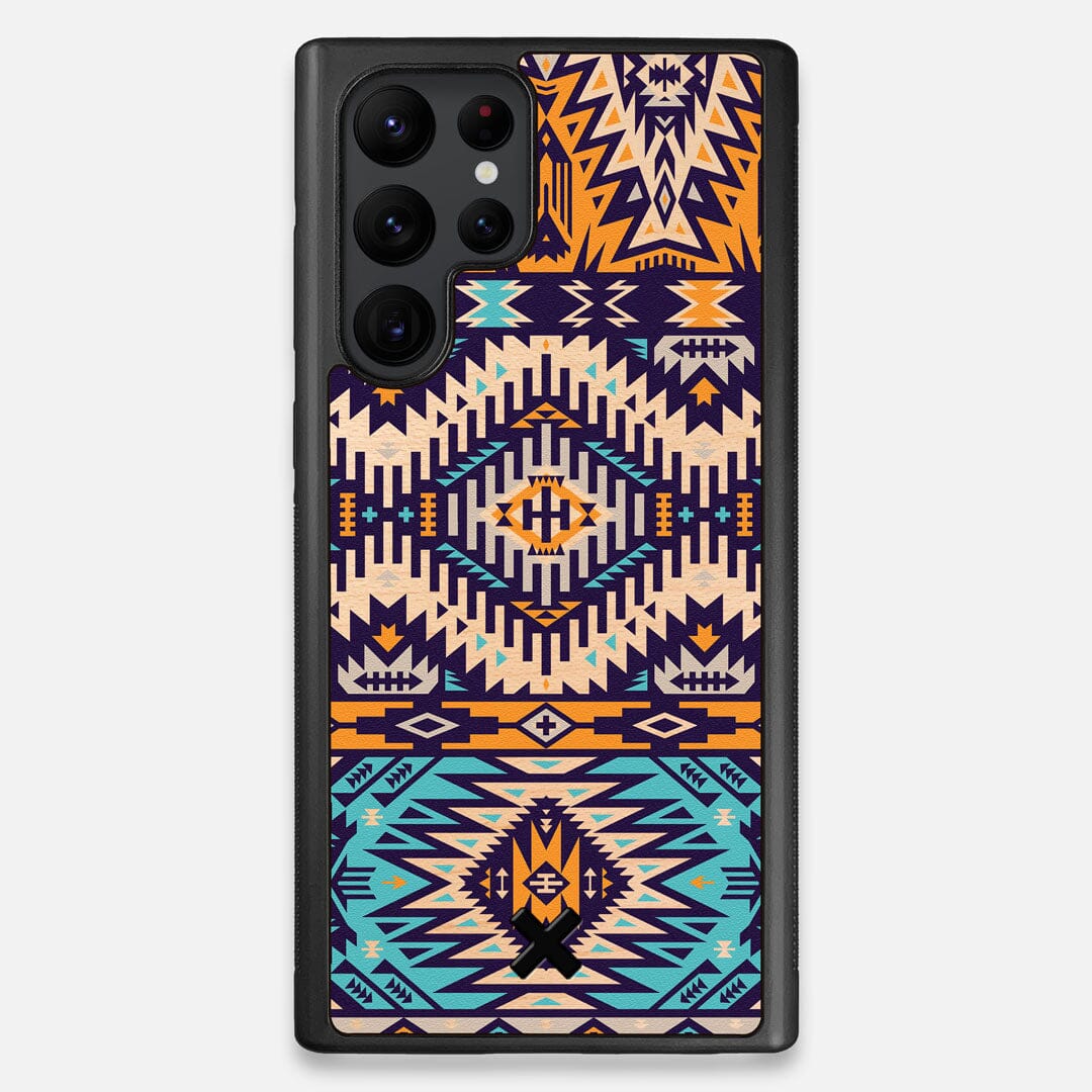 Front view of the vibrant Aztec printed Maple Wood Galaxy S22 Ultra Case by Keyway Designs