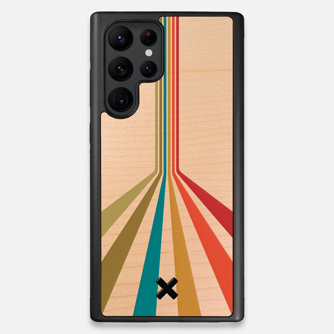 Front view of the array of colour beams splitting across the case printed on Maple wood Galaxy S22 Ultra Case by Keyway Designs