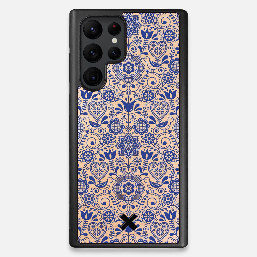 Front view of the blue floral pattern on maple wood Galaxy S22 Ultra Case by Keyway Designs