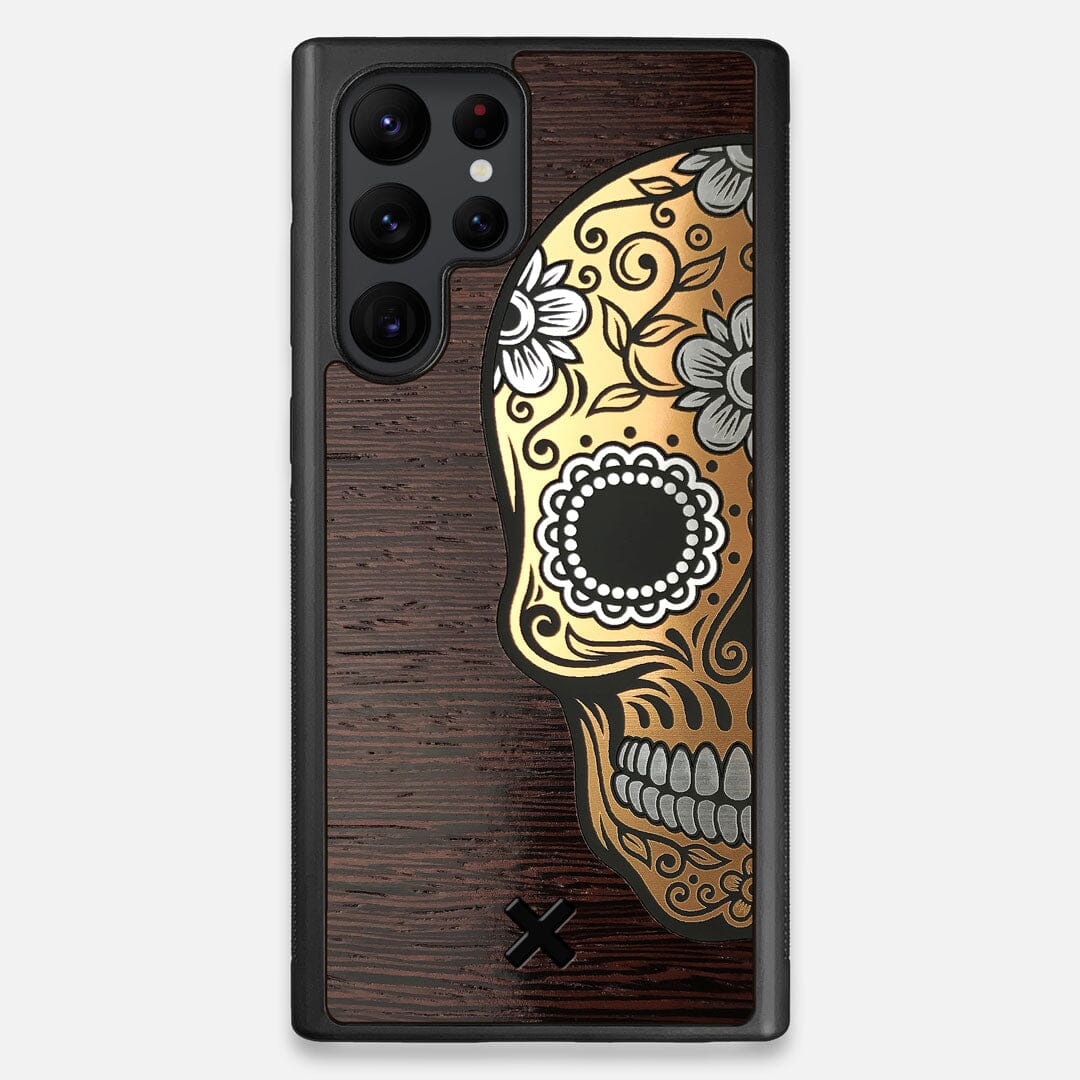 Front view of the Calavera Wood Sugar Skull Wood Galaxy S22 Ultra Case by Keyway Designs