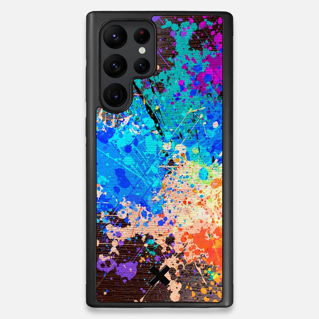 Front view of the realistic paint splatter 'Chroma' printed Wenge Wood Galaxy S22 Ultra Case by Keyway Designs