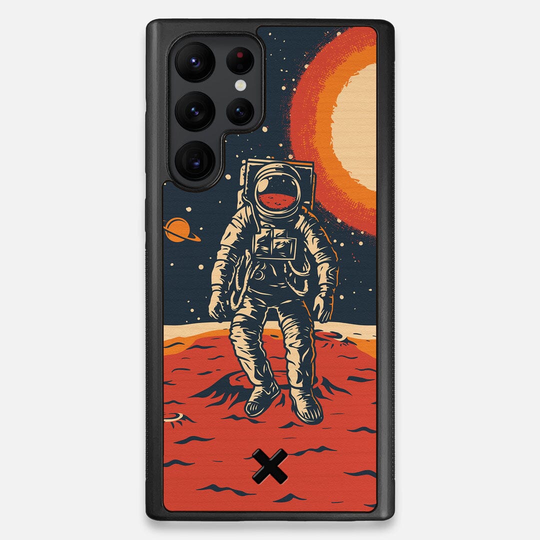 Front view of the stylized astronaut space-walk print on Cherry wood Galaxy S22 Ultra Case by Keyway Designs