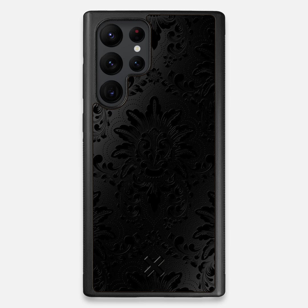 Front view of the detailed gloss Damask pattern printed on matte black impact acrylic Galaxy S22 Ultra Case by Keyway Designs