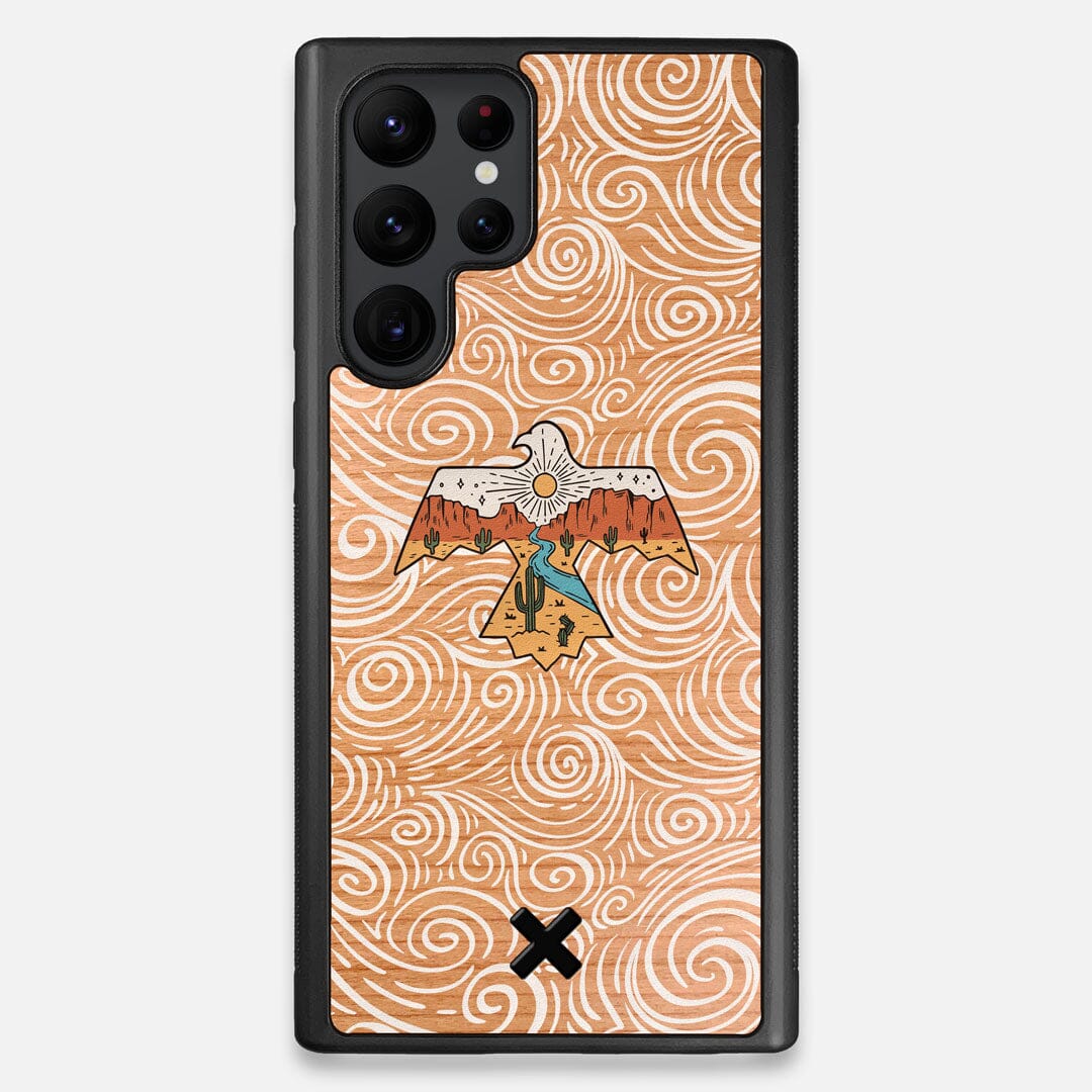 Front view of the double-exposure style eagle over flowing gusts of wind printed on Cherry wood Galaxy S22 Ultra Case by Keyway Designs