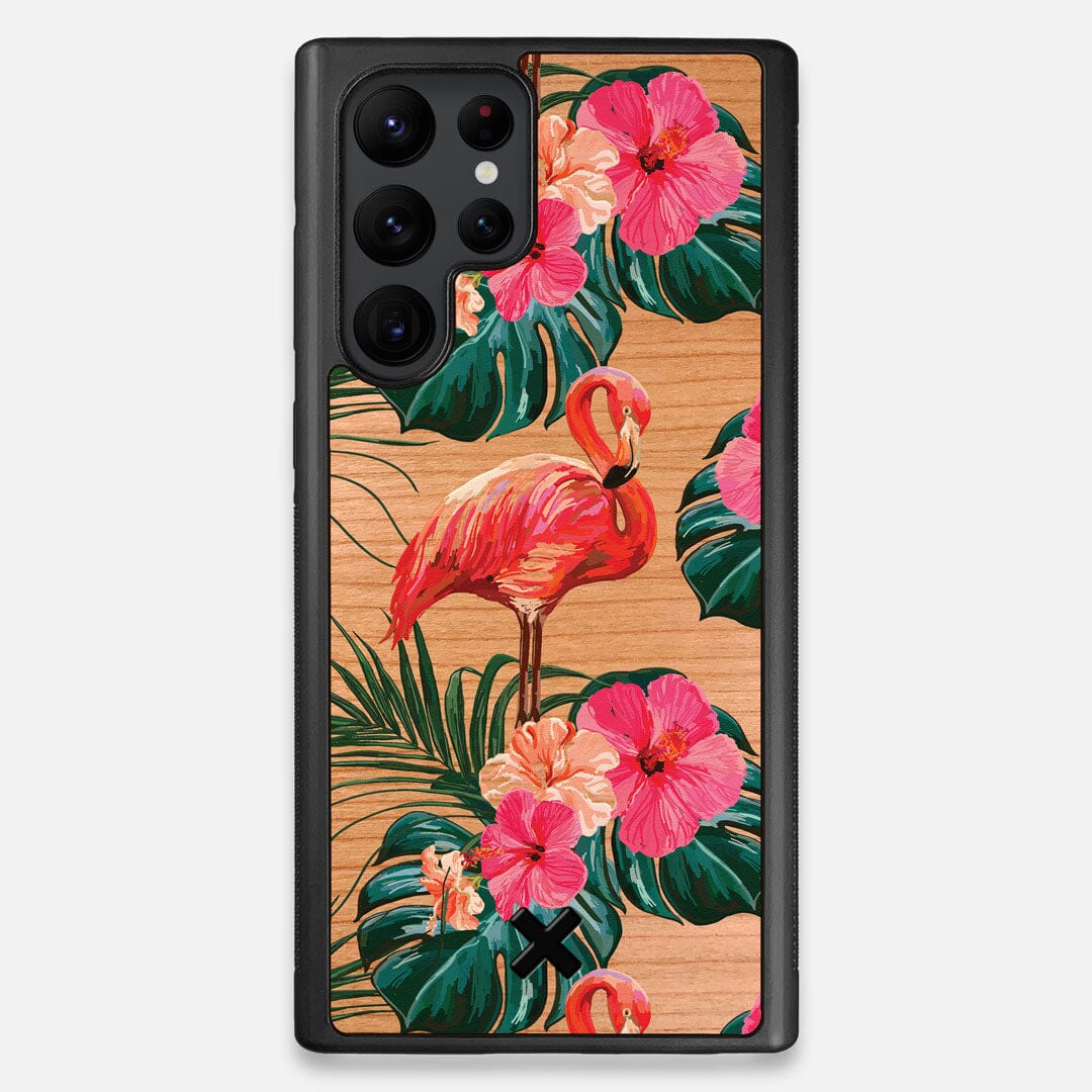 Front view of the Flamingo & Floral printed Cherry Wood Galaxy S22 Ultra Case by Keyway Designs