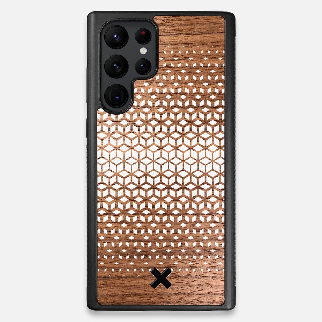 Front view of the white ink geometric gradient printed on Walnut wood Galaxy S22 Ultra Case by Keyway Designs