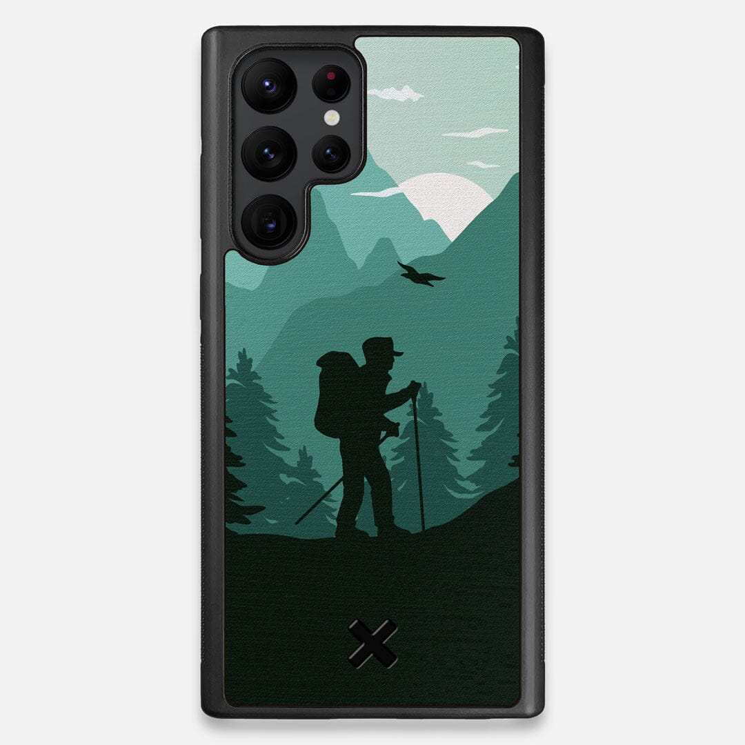 Front view of the stylized mountain hiker print on Wenge wood Galaxy S22 Ultra Case by Keyway Designs