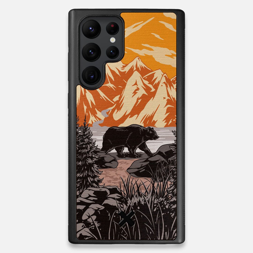 Front view of the stylized Kodiak bear in the mountains print on Wenge wood Galaxy S22 Ultra Case by Keyway Designs