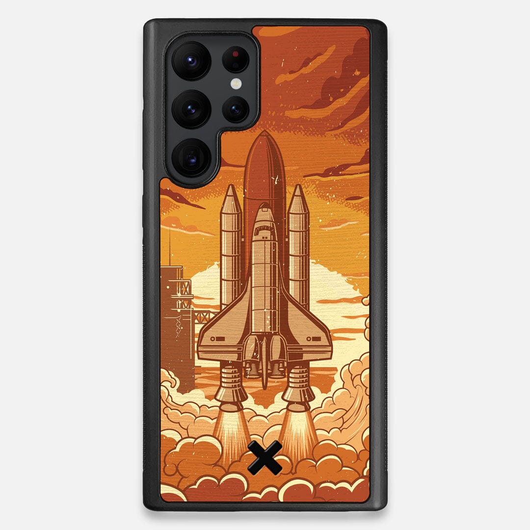 Front view of the vibrant stylized space shuttle launch print on Wenge wood Galaxy S22 Ultra Case by Keyway Designs