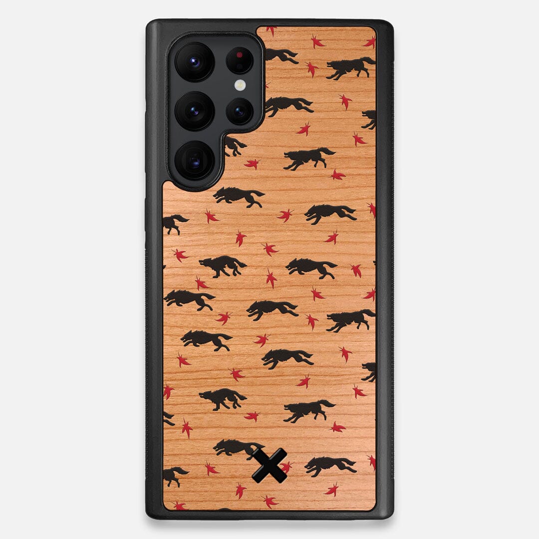 Front view of the unique pattern of wolves and Maple leaves printed on Cherry wood Galaxy S22 Ultra Case by Keyway Designs
