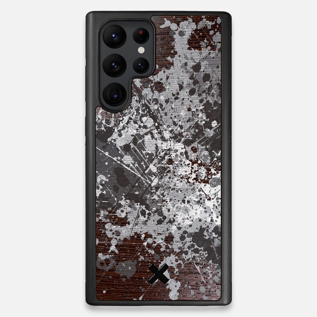 Front view of the aggressive, monochromatic splatter pattern overprintedprinted Wenge Wood Galaxy S22 Ultra Case by Keyway Designs