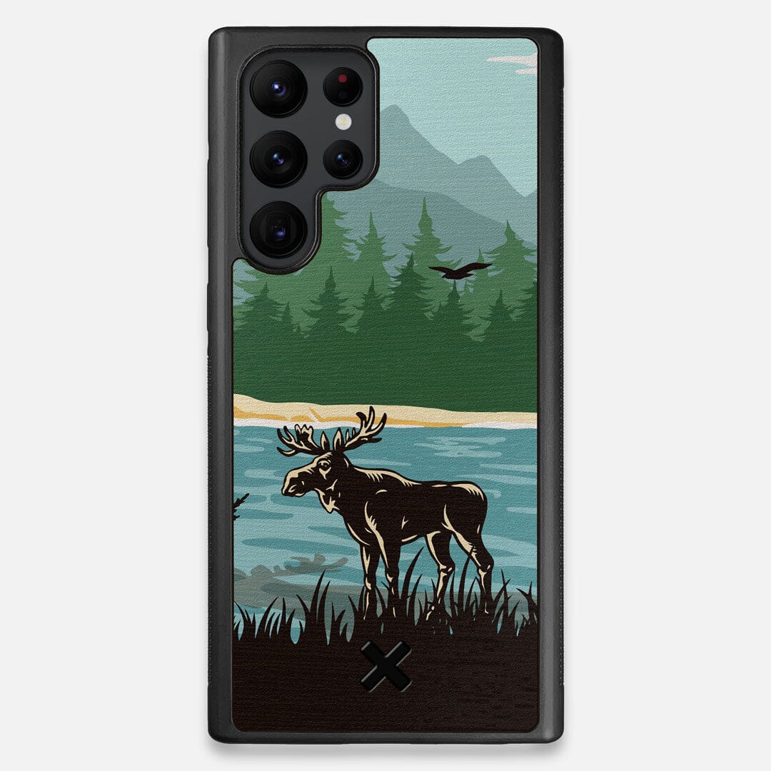 Front view of the stylized bull moose forest print on Wenge wood Galaxy S22 Ultra Case by Keyway Designs