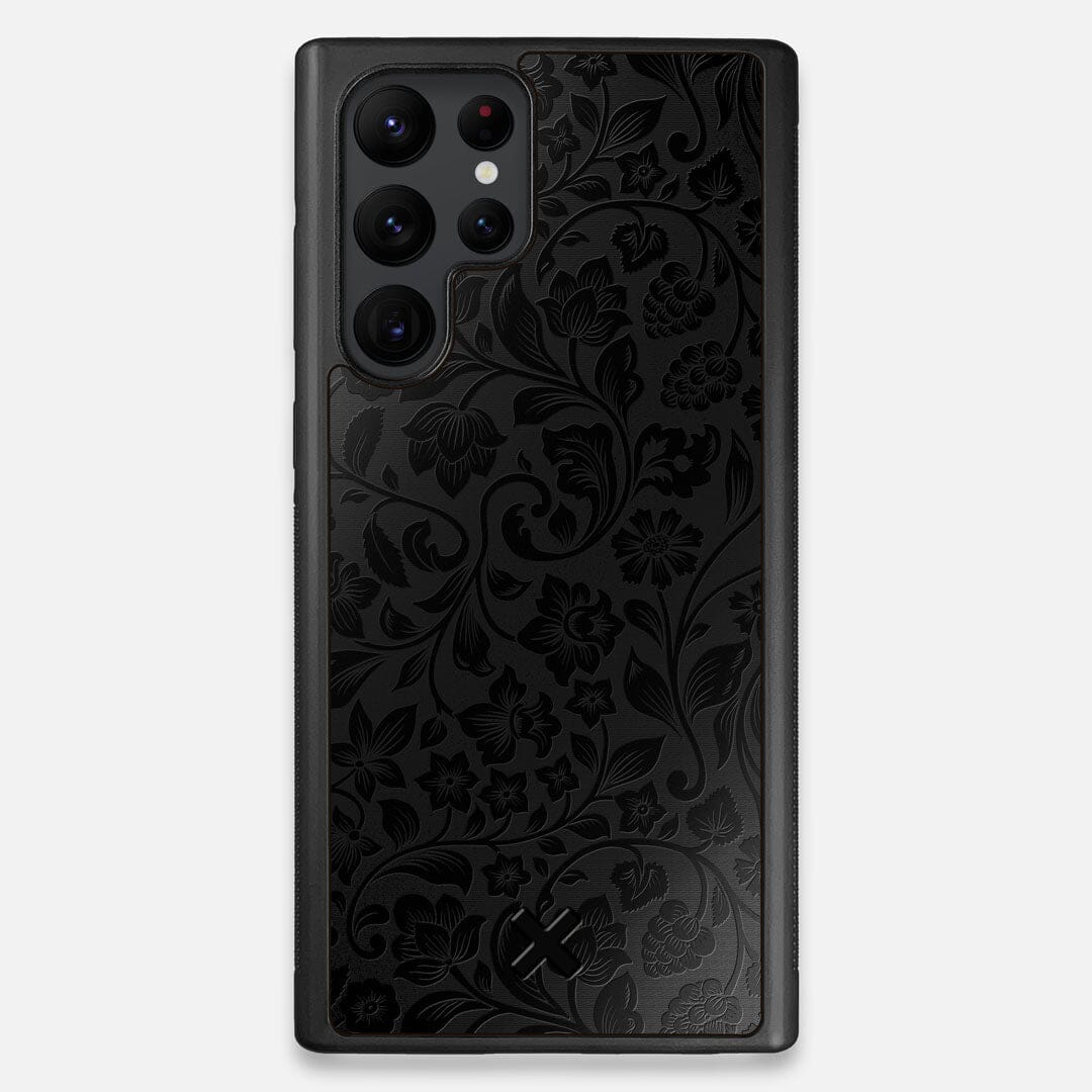 Front view of the highly detailed midnight floral engraving on matte black impact acrylic Galaxy S22 Ultra Case by Keyway Designs