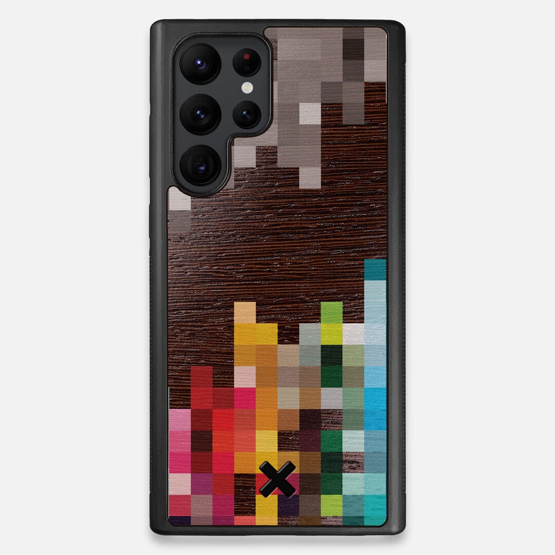 Front view of the digital art inspired pixelation design on Wenge wood Galaxy S22 Ultra Case by Keyway Designs