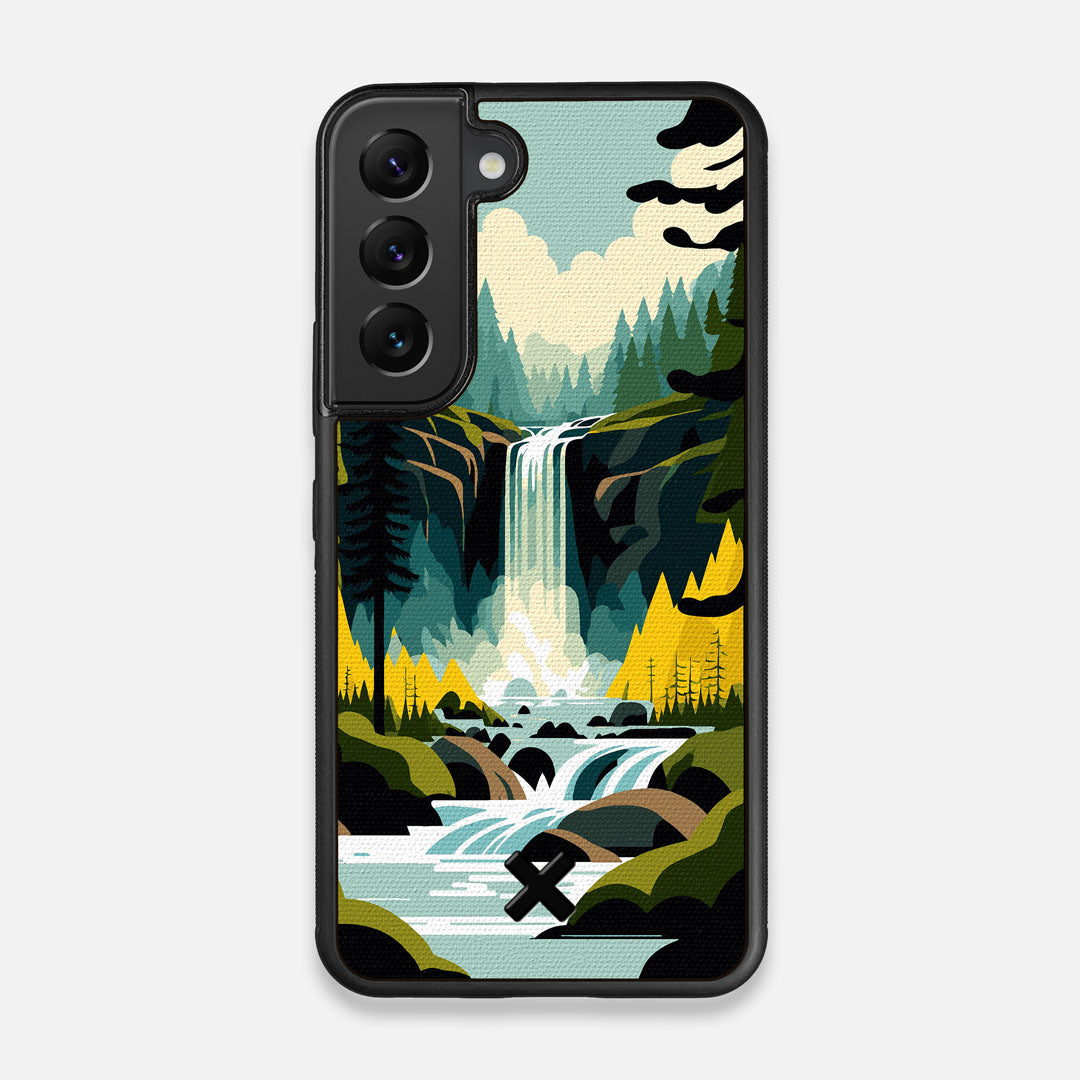 Front view of the stylized peaceful forest waterfall making it's way through the rocks printed to cotton canvas Galaxy S22 Case by Keyway Designs
