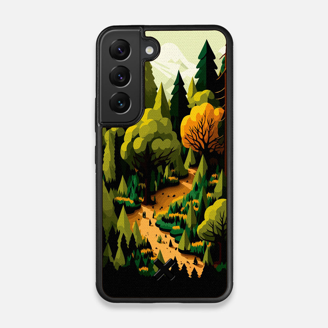 Front view of the stylized quiet forest path making it's way through the evergreen trees printed to cotton canvas Galaxy S22 Case by Keyway Designs