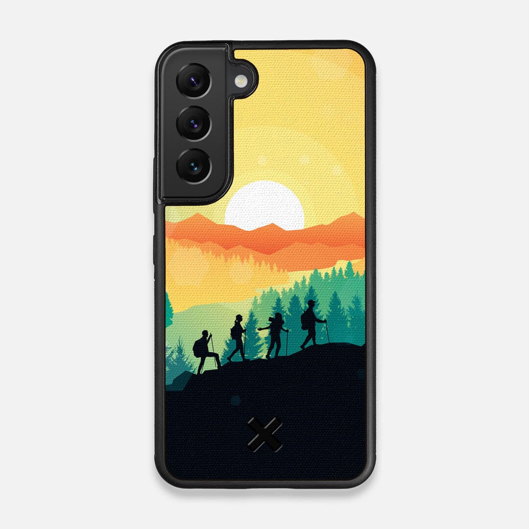 Front view of the stylized group of travellers on an expedition in the mountains printed to cotton canvas Galaxy S22 Case by Keyway Designs