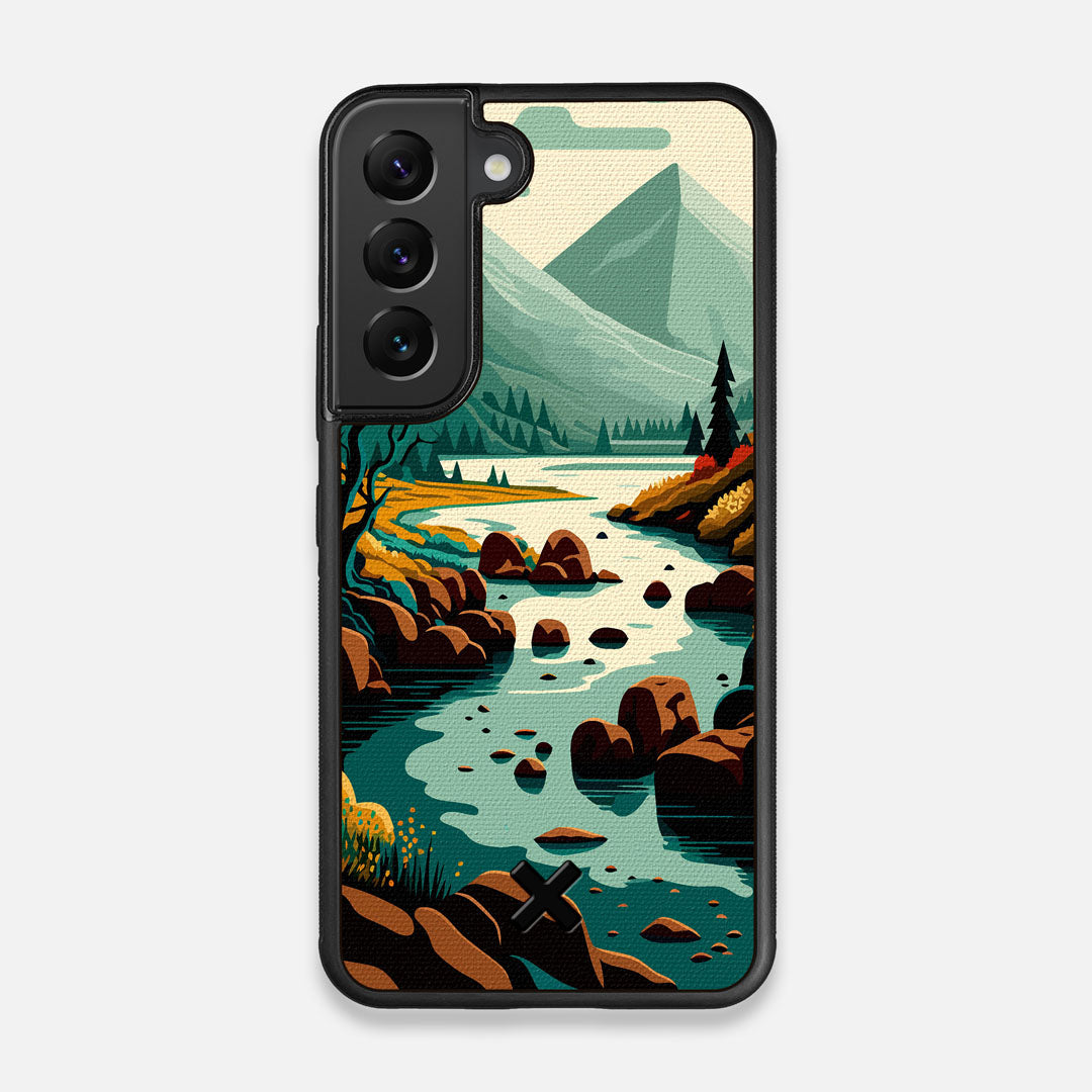 Front view of the stylized calm river flowing towards a lake at the base of the mountains printed to cotton canvas Galaxy S22 Case by Keyway Designs