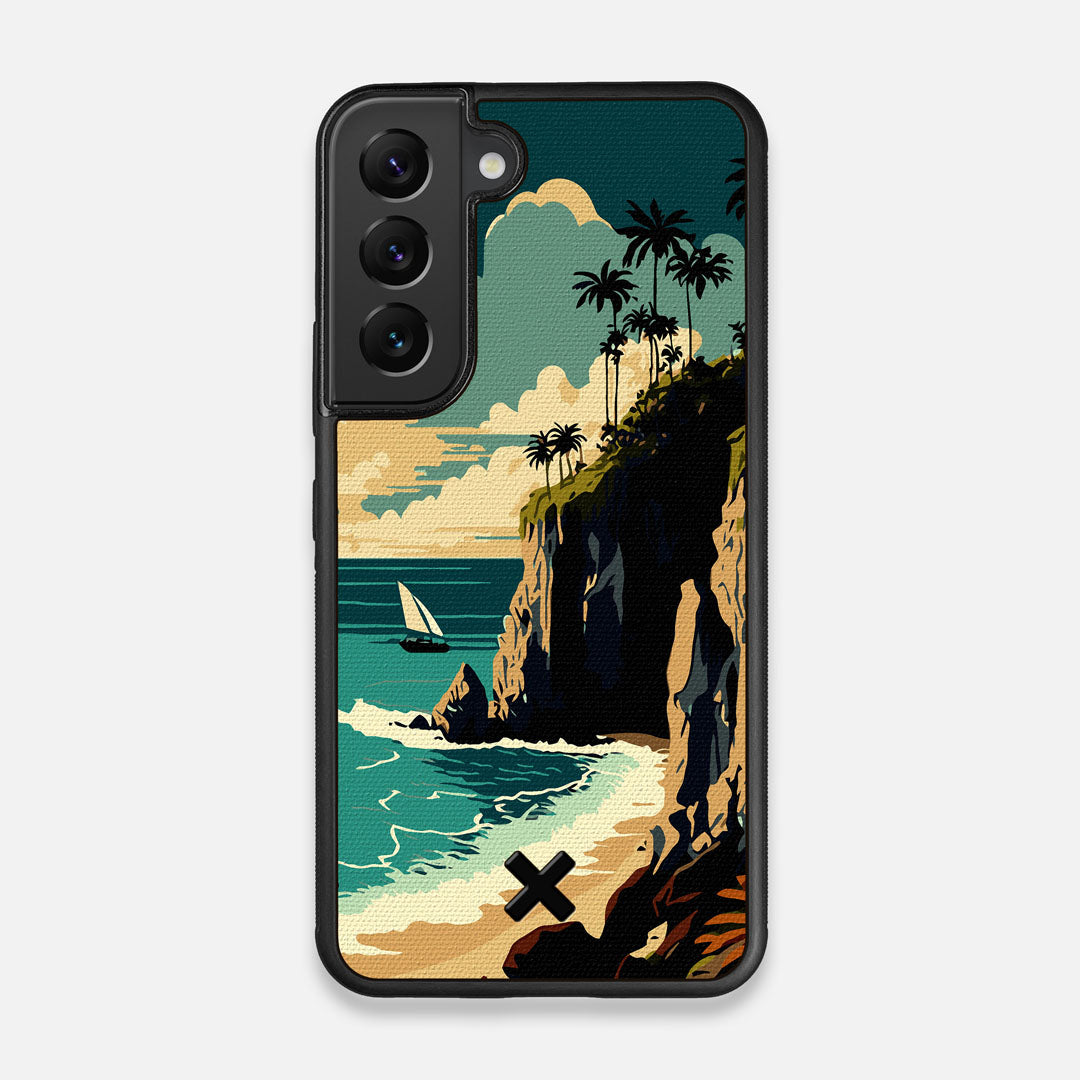 Front view of the stylized seaside bluff with the ocean waves crashing on the shore printed on cotton canvas Galaxy S22 Case by Keyway Designs
