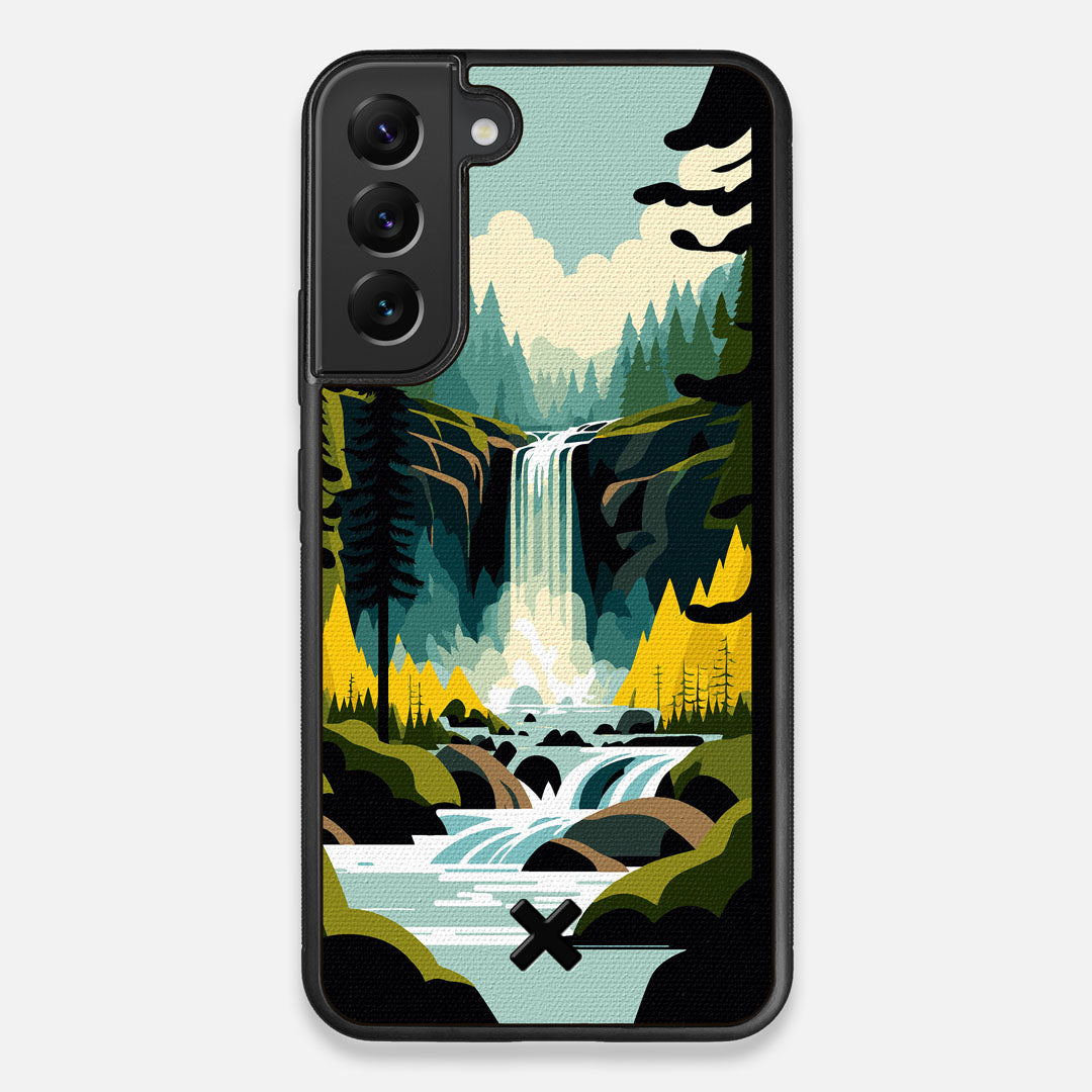 Front view of the stylized peaceful forest waterfall making it's way through the rocks printed to cotton canvas Galaxy S22+ Case by Keyway Designs