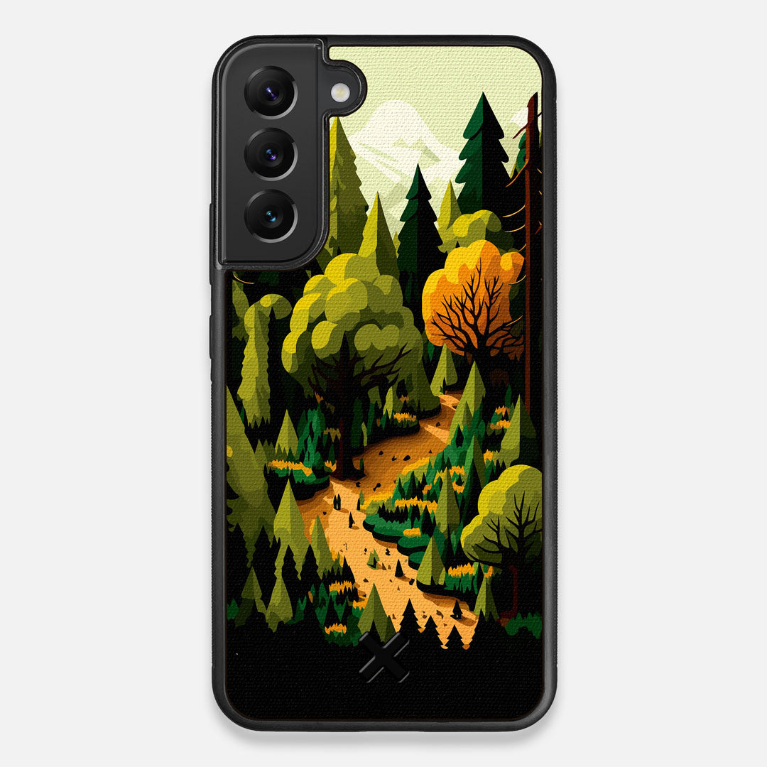 Front view of the stylized quiet forest path making it's way through the evergreen trees printed to cotton canvas Galaxy S22+ Case by Keyway Designs