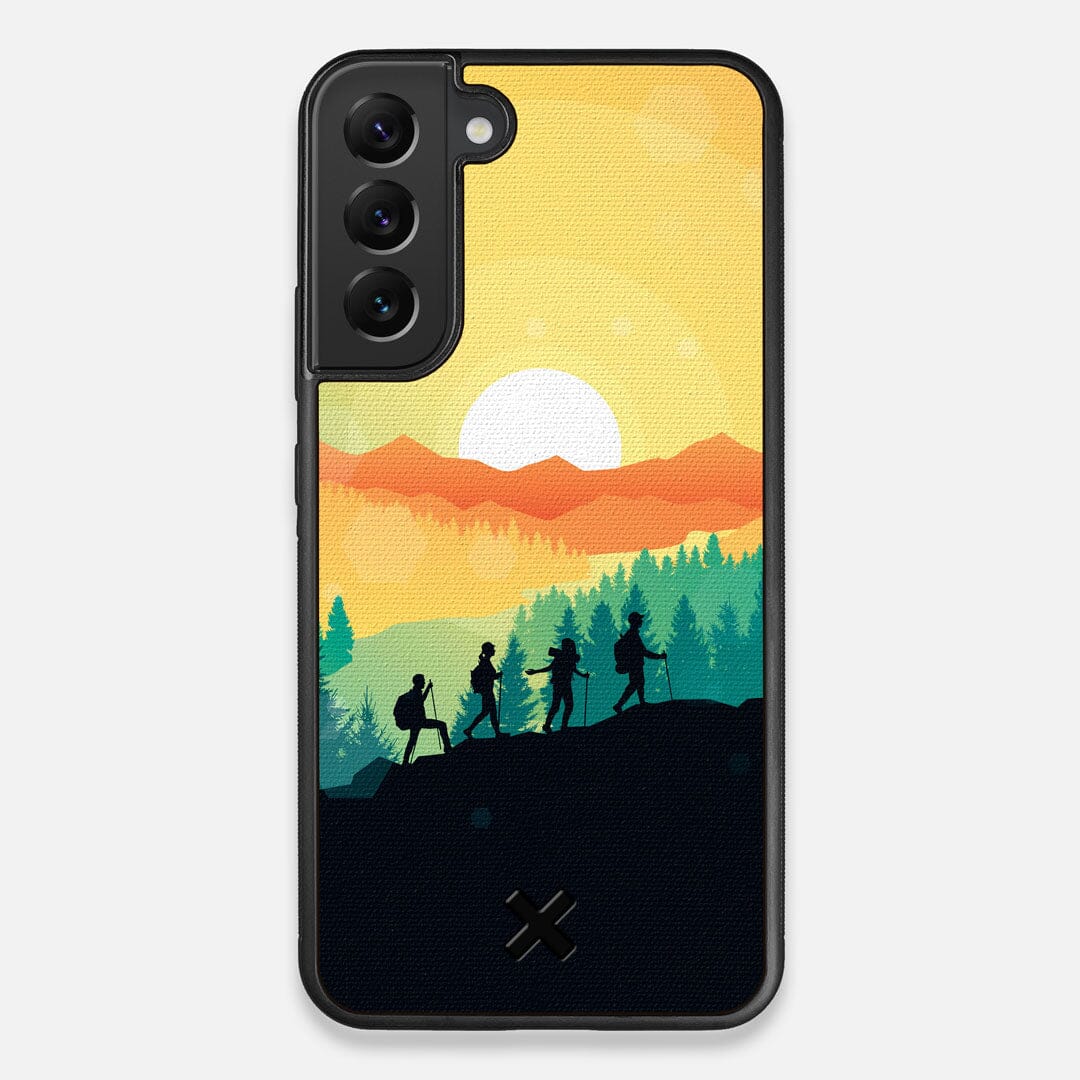Front view of the stylized group of travellers on an expedition in the mountains printed to cotton canvas Galaxy S22+ Case by Keyway Designs