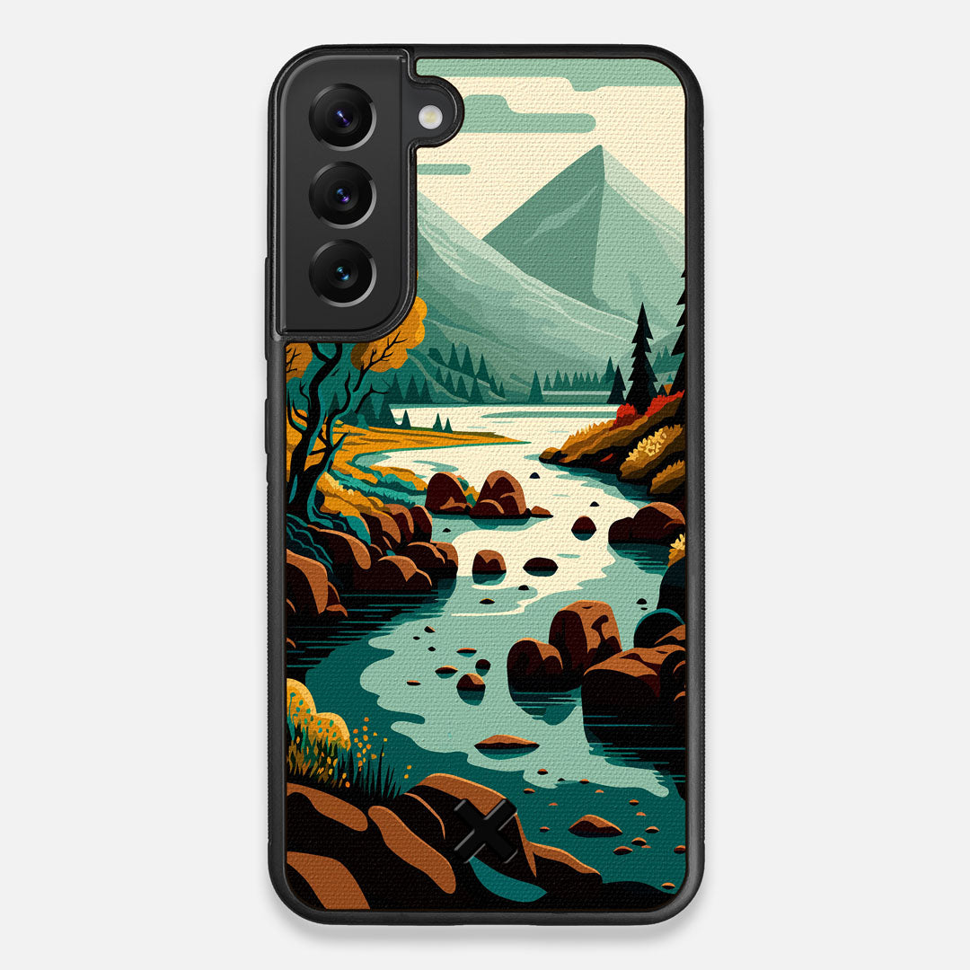 Front view of the stylized calm river flowing towards a lake at the base of the mountains printed to cotton canvas Galaxy S22+ Case by Keyway Designs