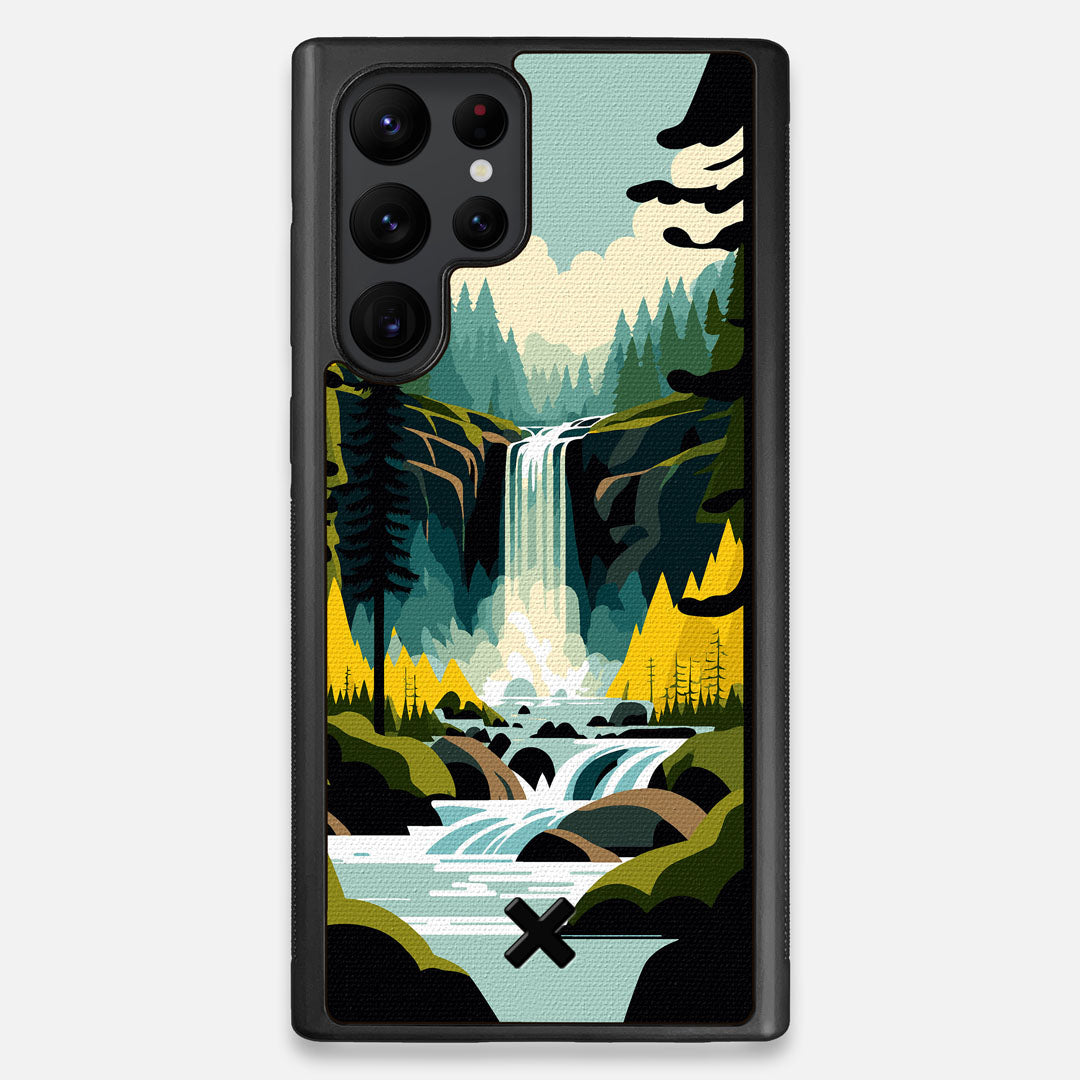 Front view of the stylized peaceful forest waterfall making it's way through the rocks printed to cotton canvas Galaxy S22 Ultra Case by Keyway Designs