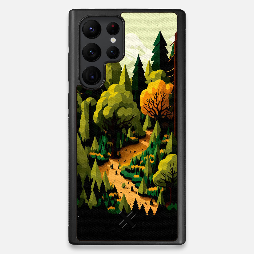 Front view of the stylized quiet forest path making it's way through the evergreen trees printed to cotton canvas Galaxy S22 Ultra Case by Keyway Designs