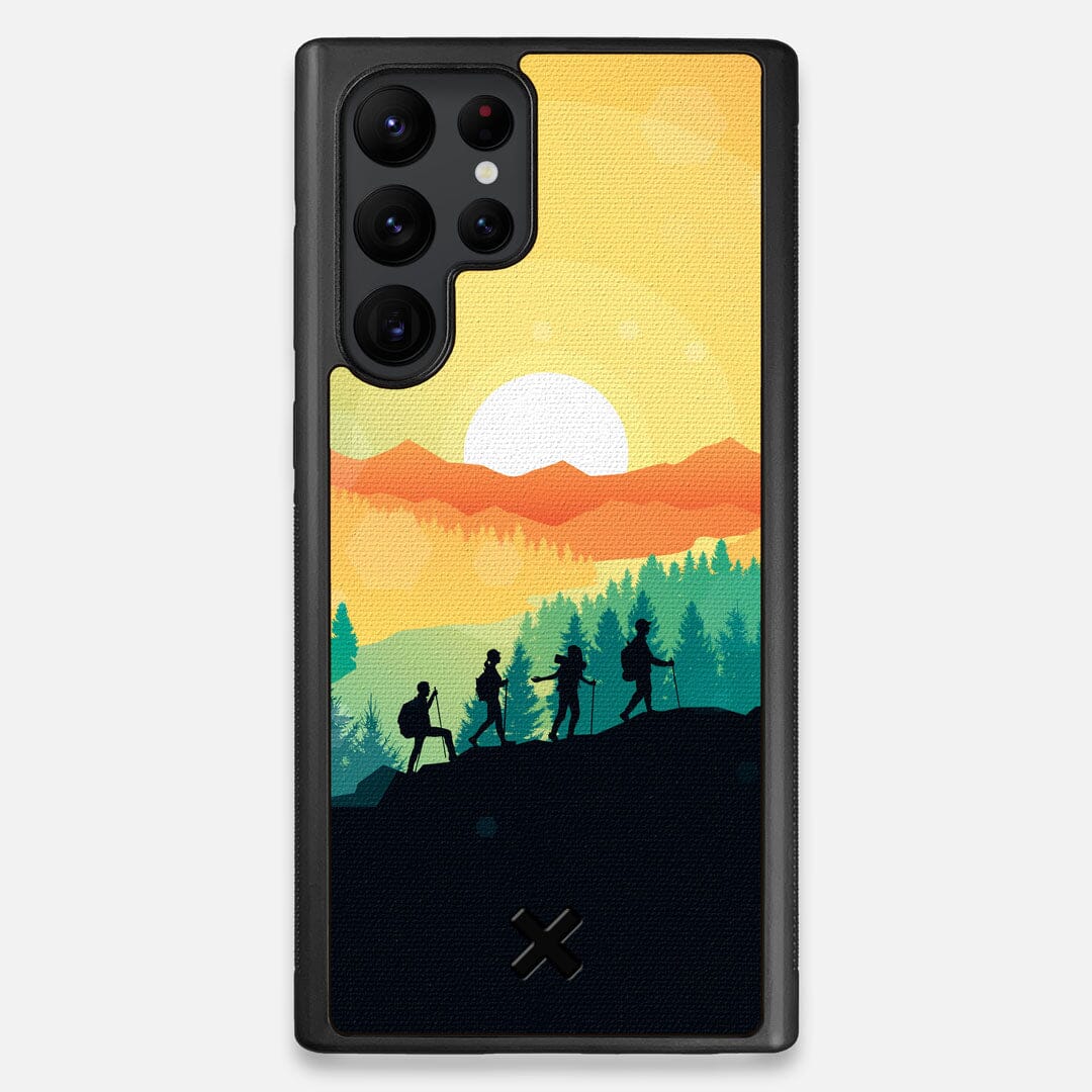 Front view of the stylized group of travellers on an expedition in the mountains printed to cotton canvas Galaxy S22 Ultra Case by Keyway Designs