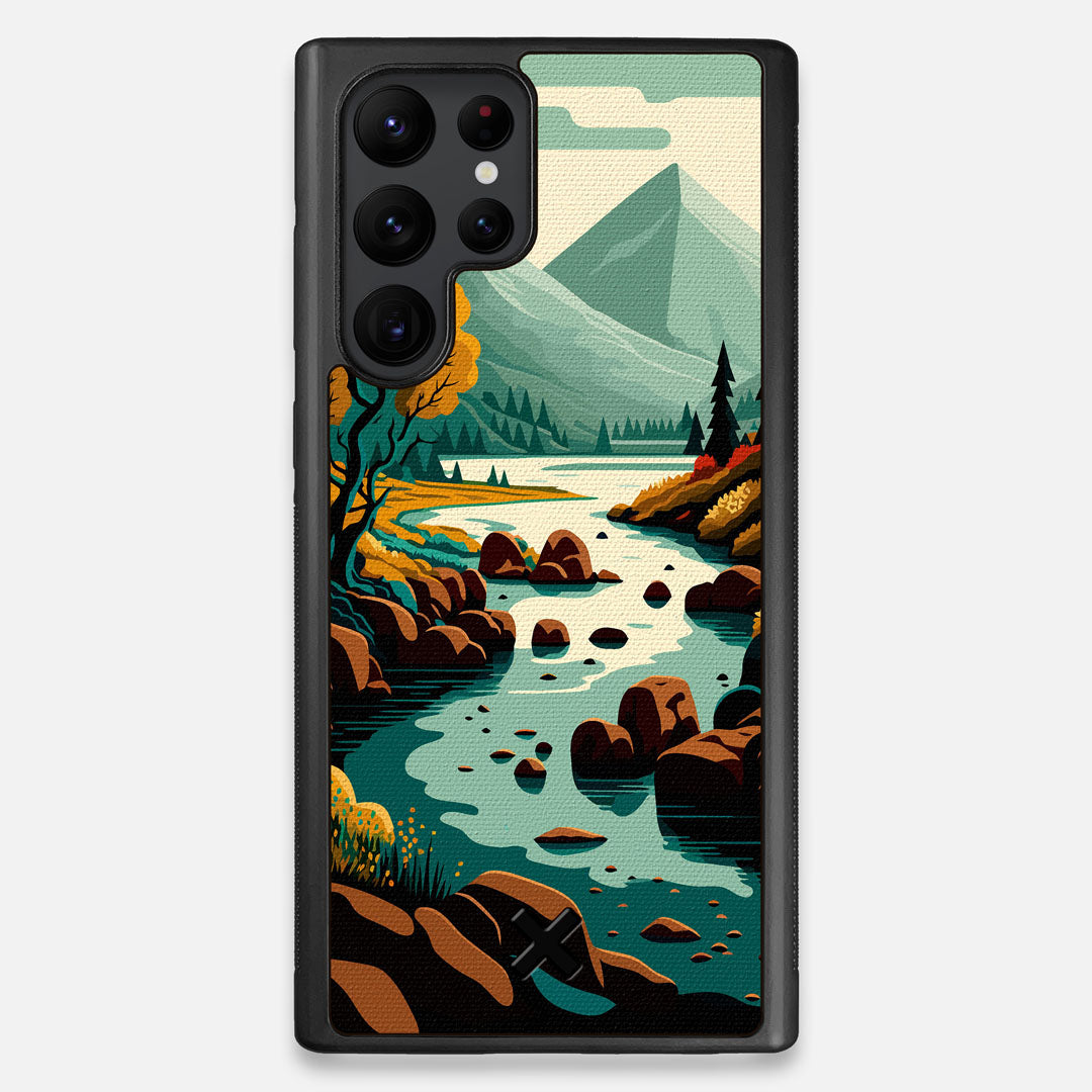 Front view of the stylized calm river flowing towards a lake at the base of the mountains printed to cotton canvas Galaxy S22 Ultra Case by Keyway Designs
