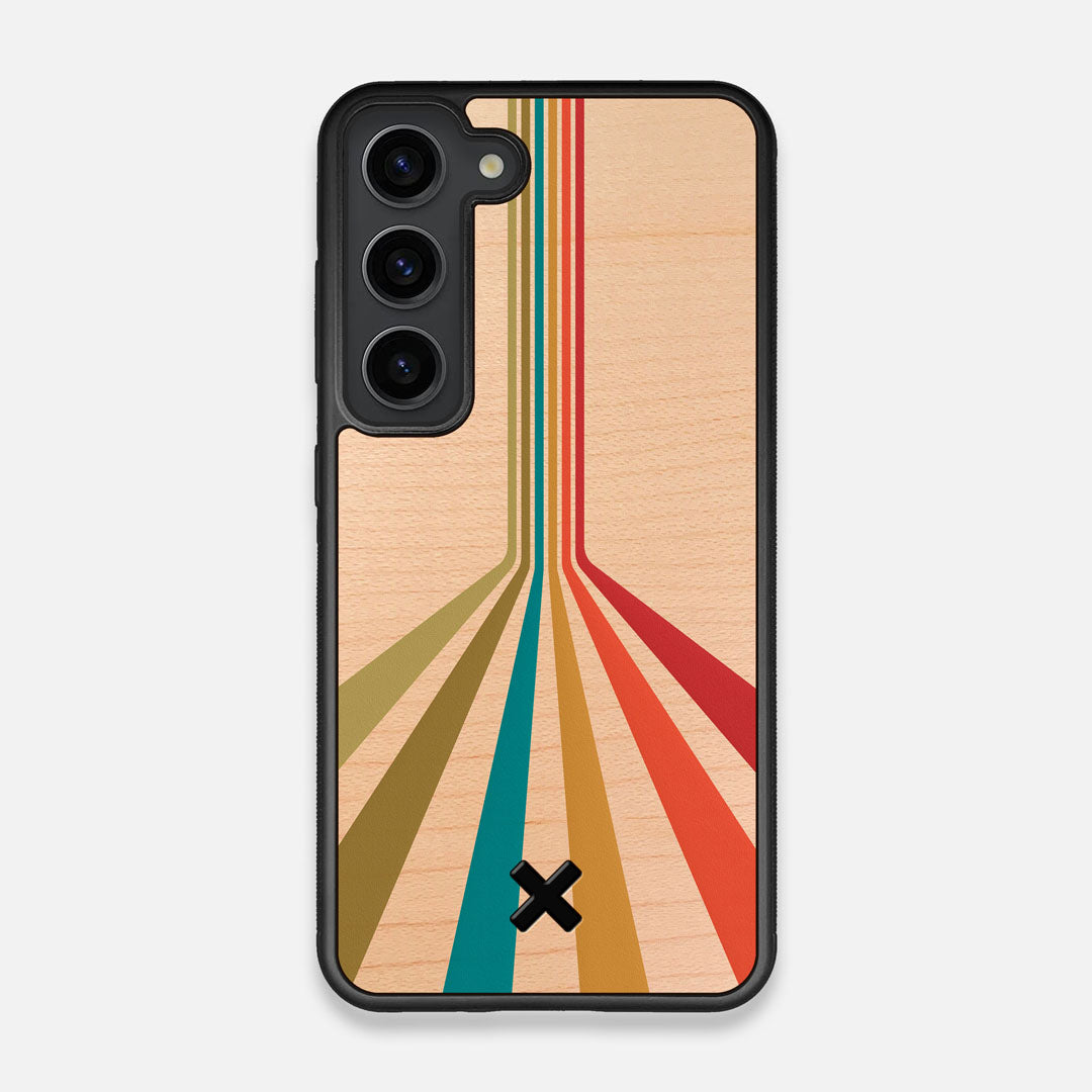 Front view of the array of colour beams splitting across the case printed on Maple wood Galaxy S23 Case by Keyway Designs