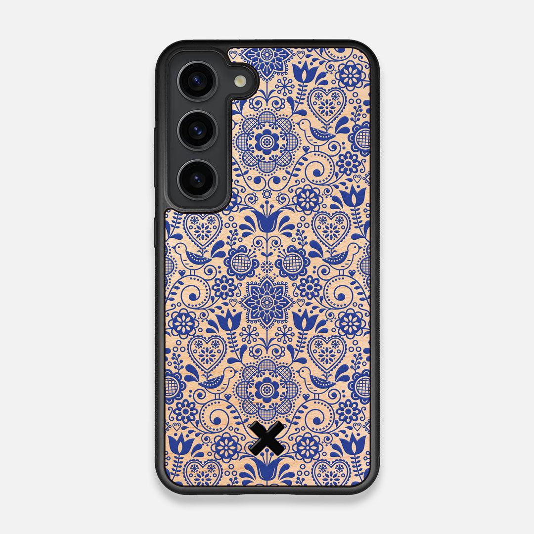 Front view of the blue floral pattern on maple wood Galaxy S23 Case by Keyway Designs