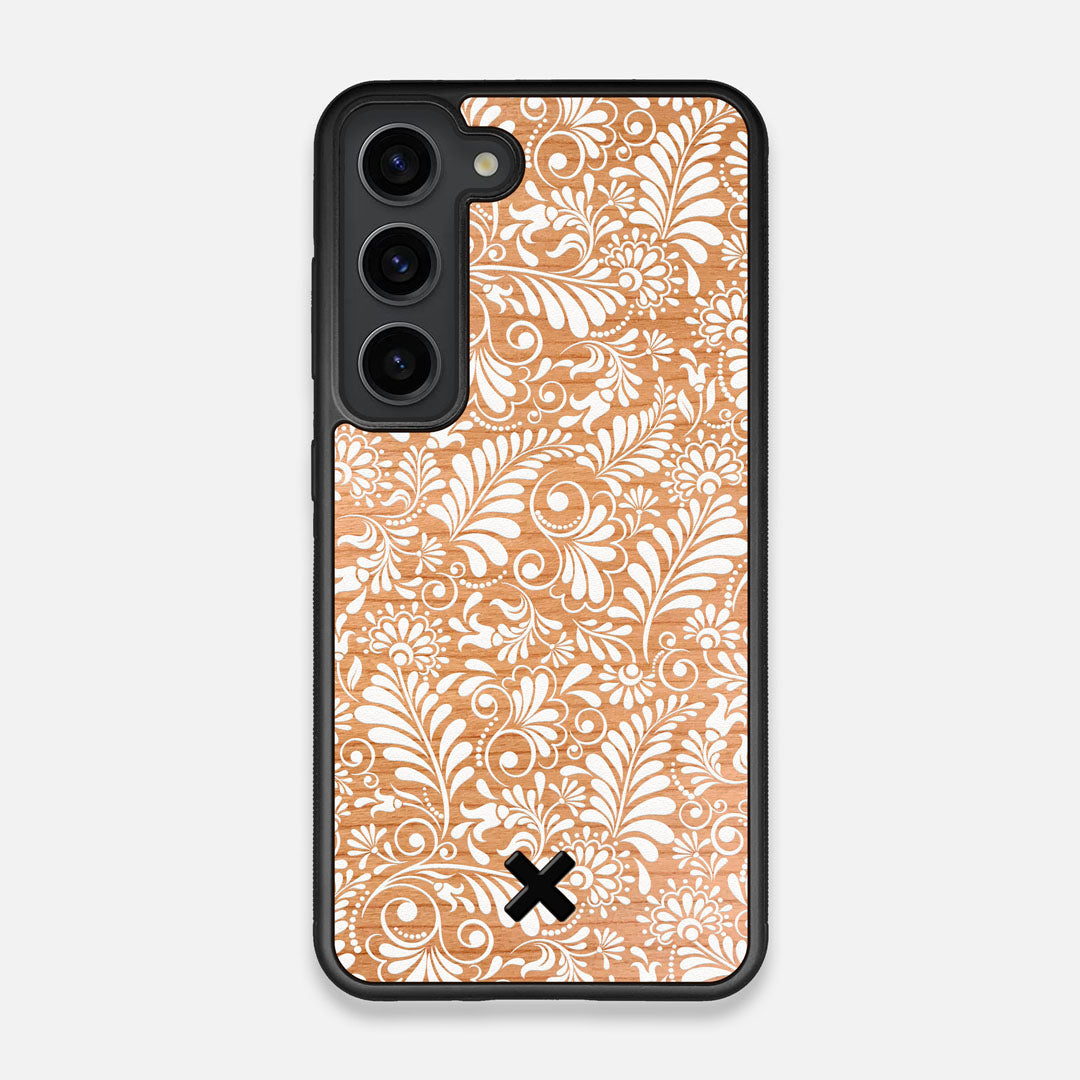 Front view of the white ink flowing botanical print on Cherry wood Galaxy S23 Case by Keyway Designs