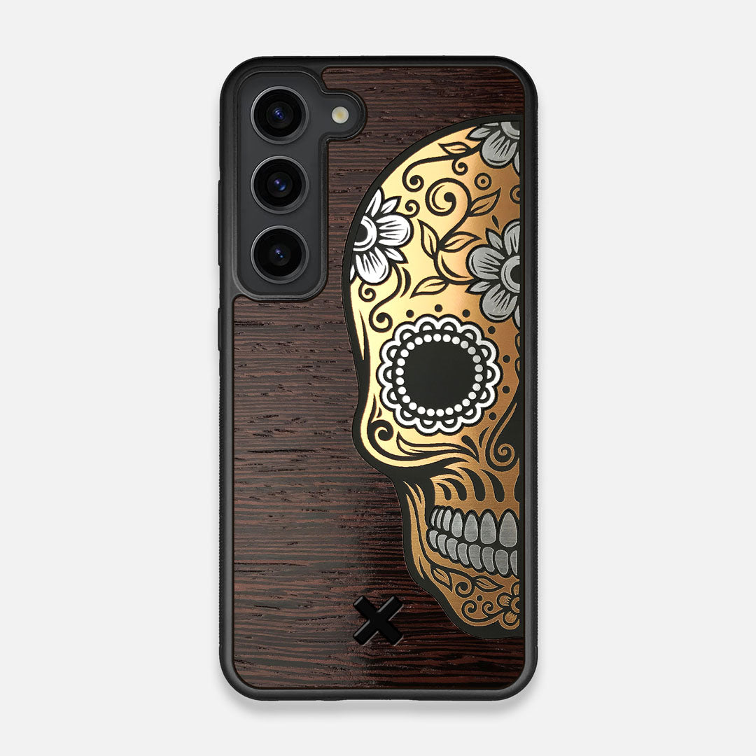 Front view of the Calavera Wood Sugar Skull Wood Galaxy S23 Case by Keyway Designs