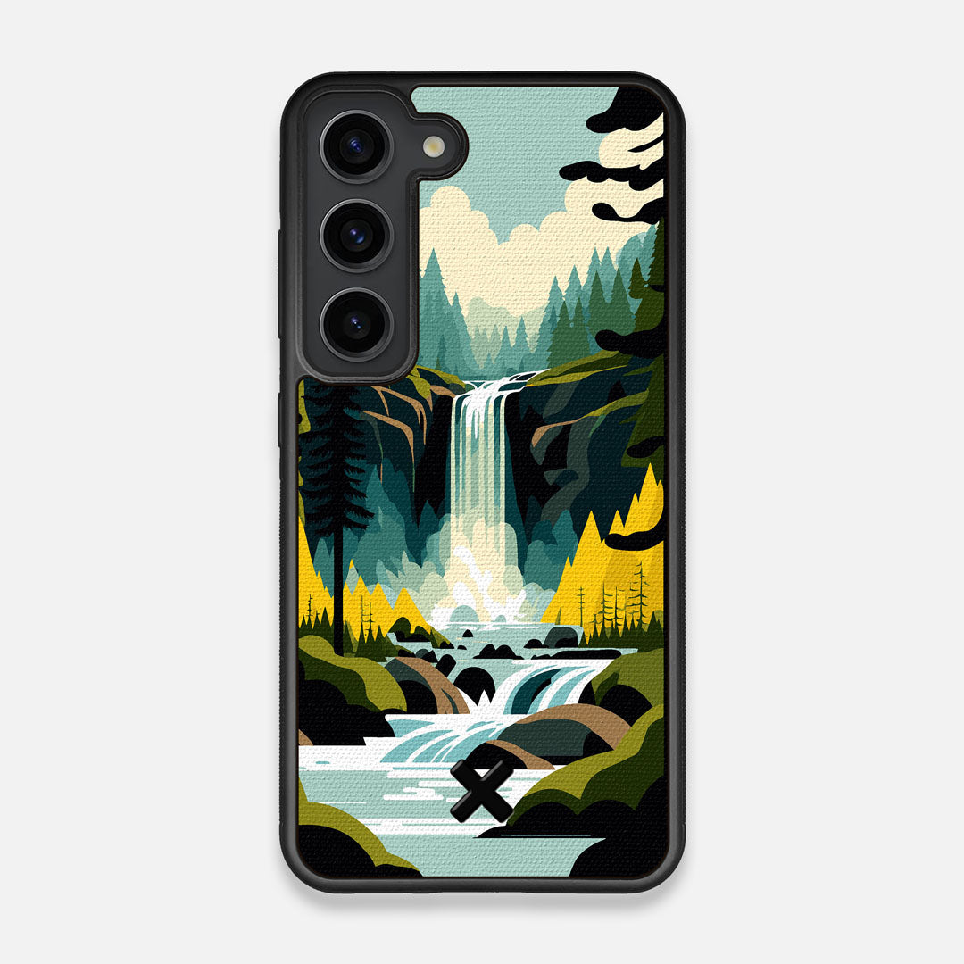 Front view of the stylized peaceful forest waterfall making it's way through the rocks printed to cotton canvas Galaxy S23 Case by Keyway Designs