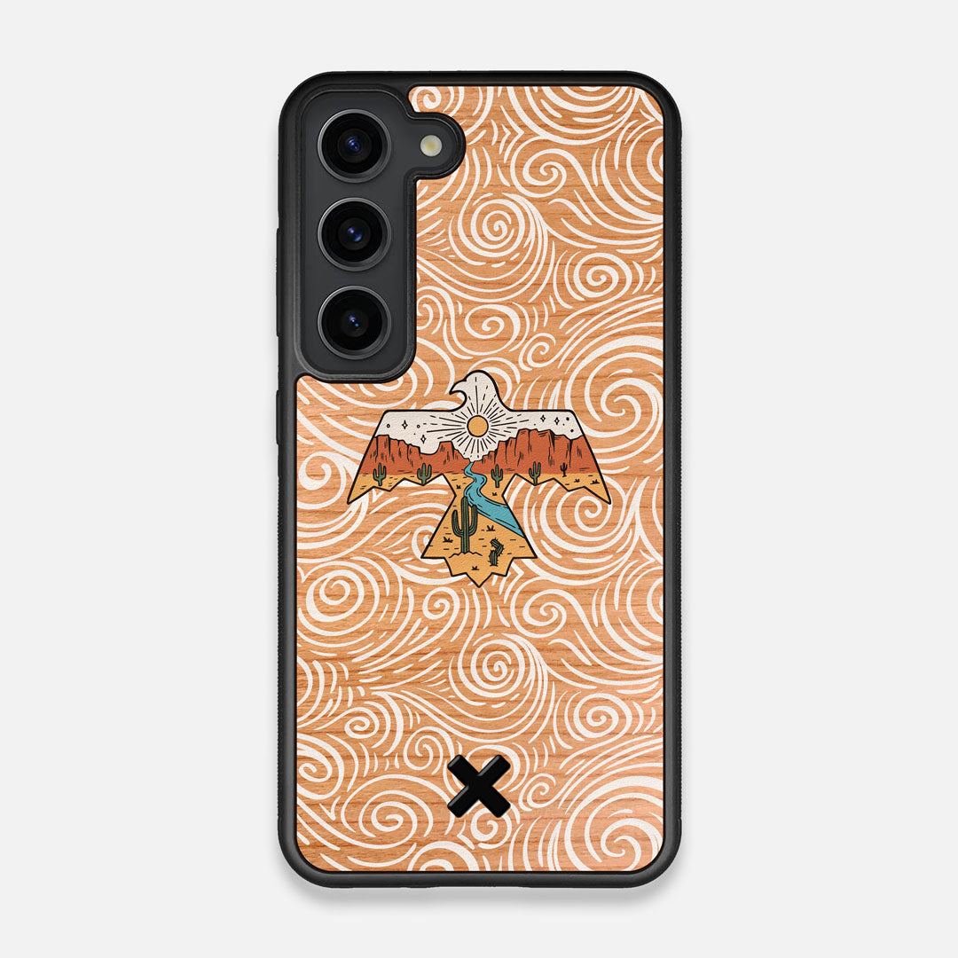 Front view of the double-exposure style eagle over flowing gusts of wind printed on Cherry wood Galaxy S23 Case by Keyway Designs