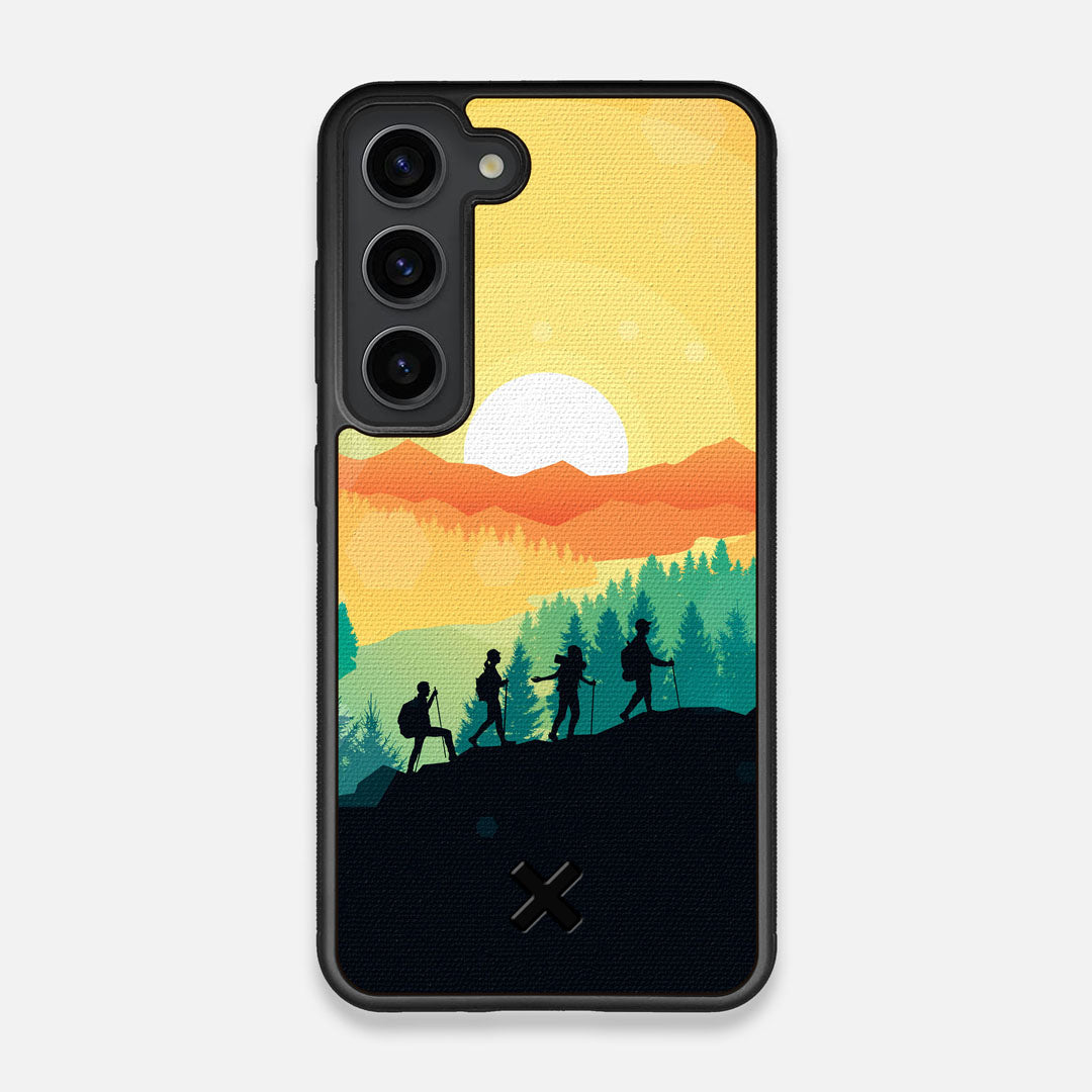 Front view of the stylized group of travellers on an expedition in the mountains printed to cotton canvas Galaxy S23 Case by Keyway Designs