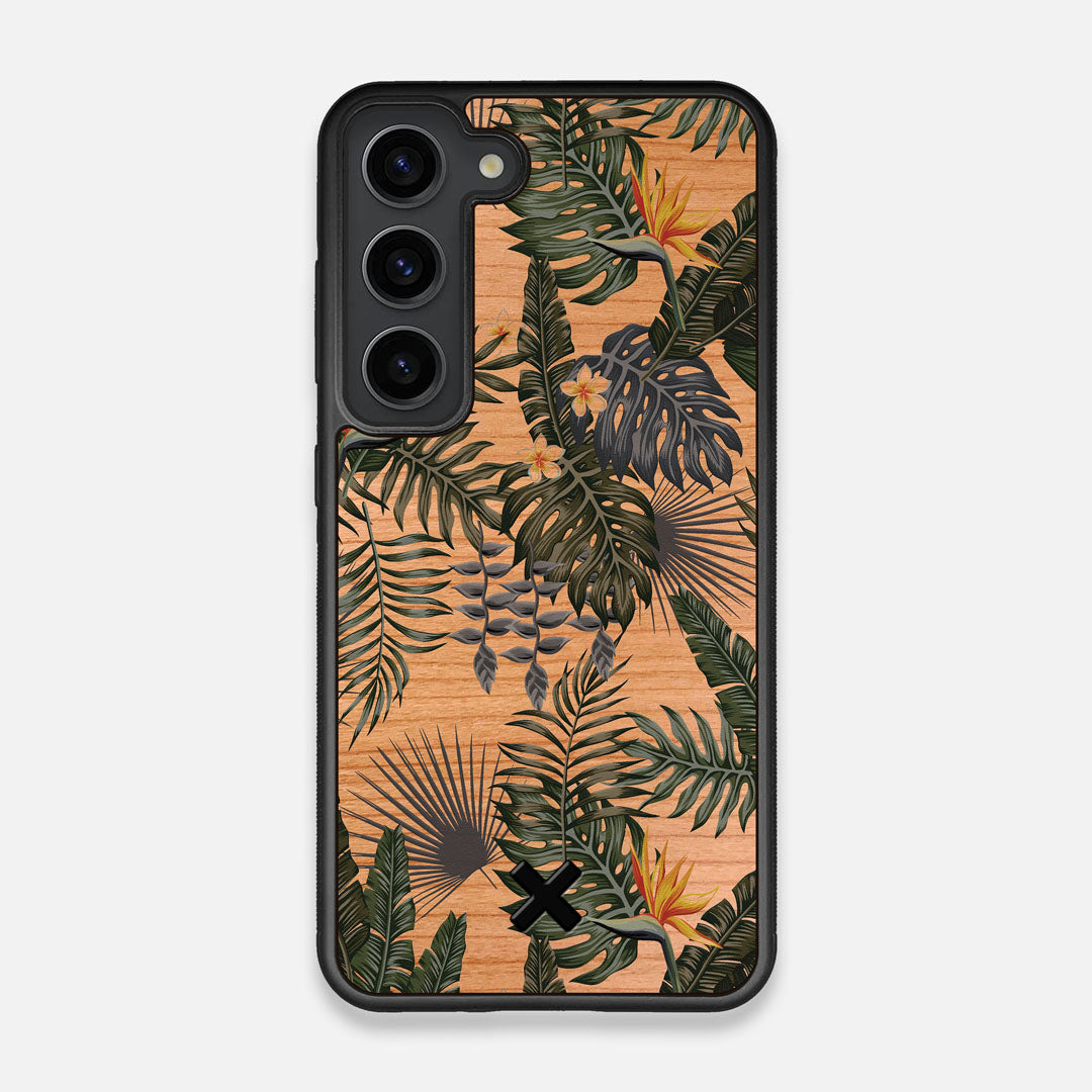 Front view of the Floral tropical leaf printed Cherry Wood Galaxy S23 Case by Keyway Designs