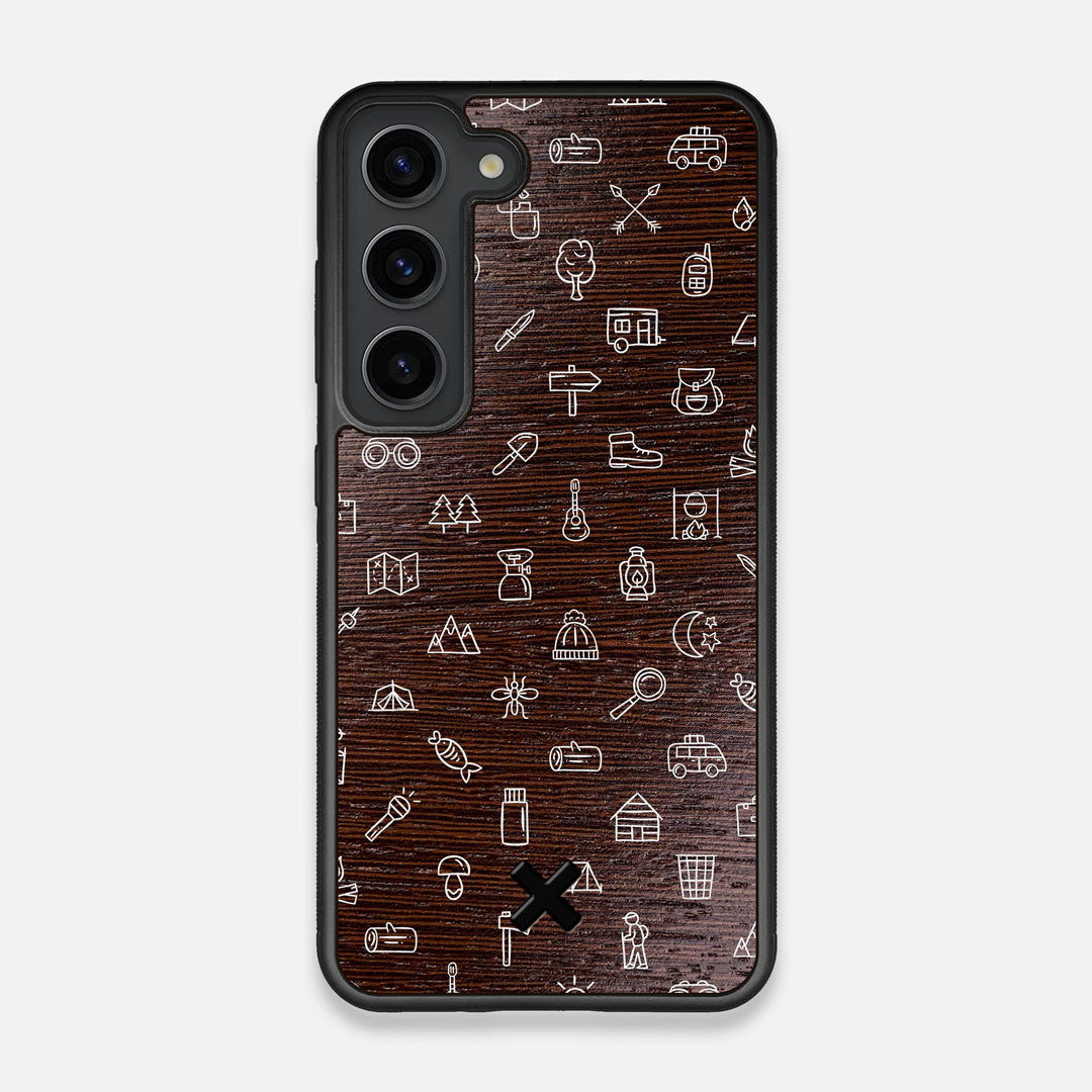 Front view of the fun detailed camping icon print on Wenge wood Galaxy S23 Case by Keyway Designs