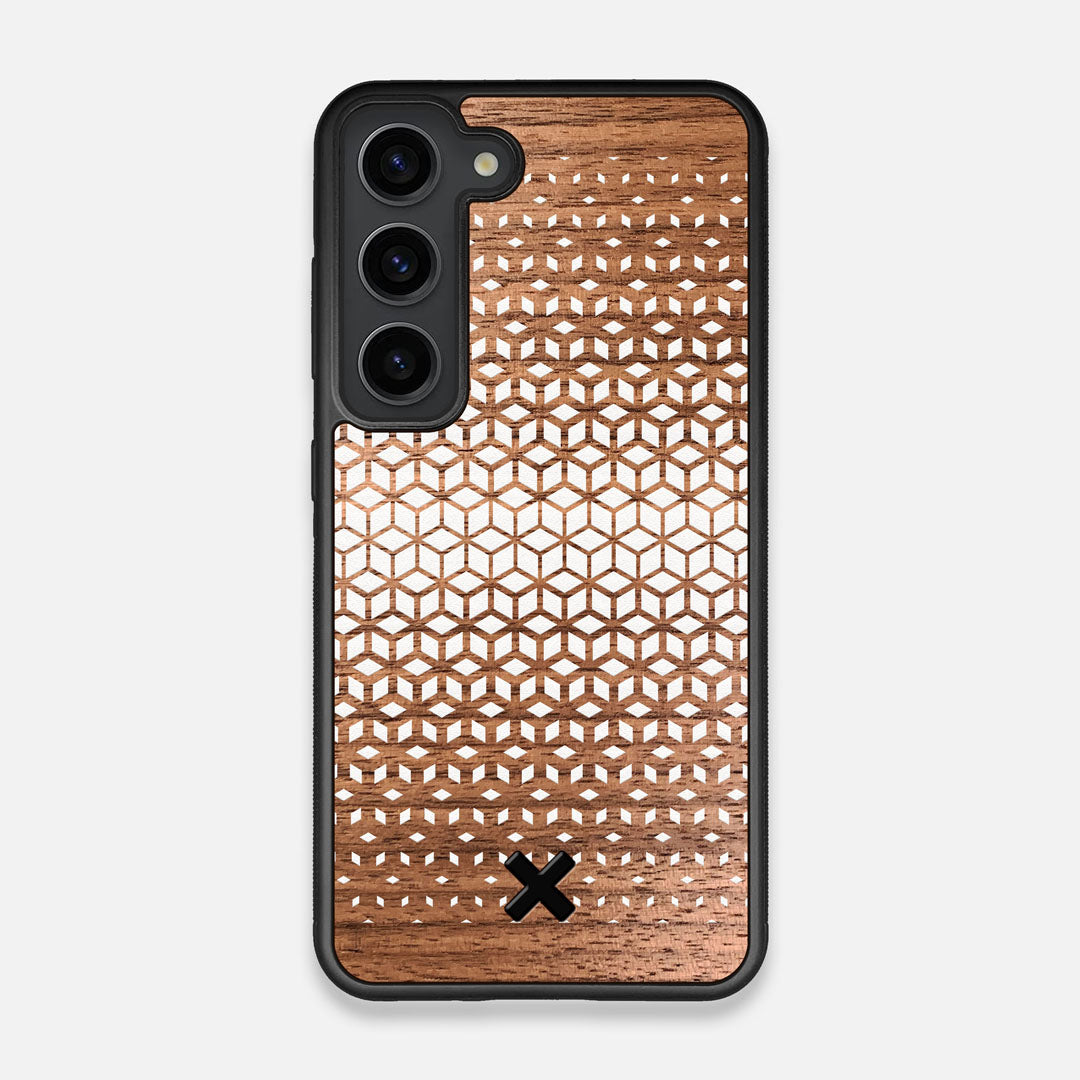 Front view of the white ink geometric gradient printed on Walnut wood Galaxy S23 Case by Keyway Designs
