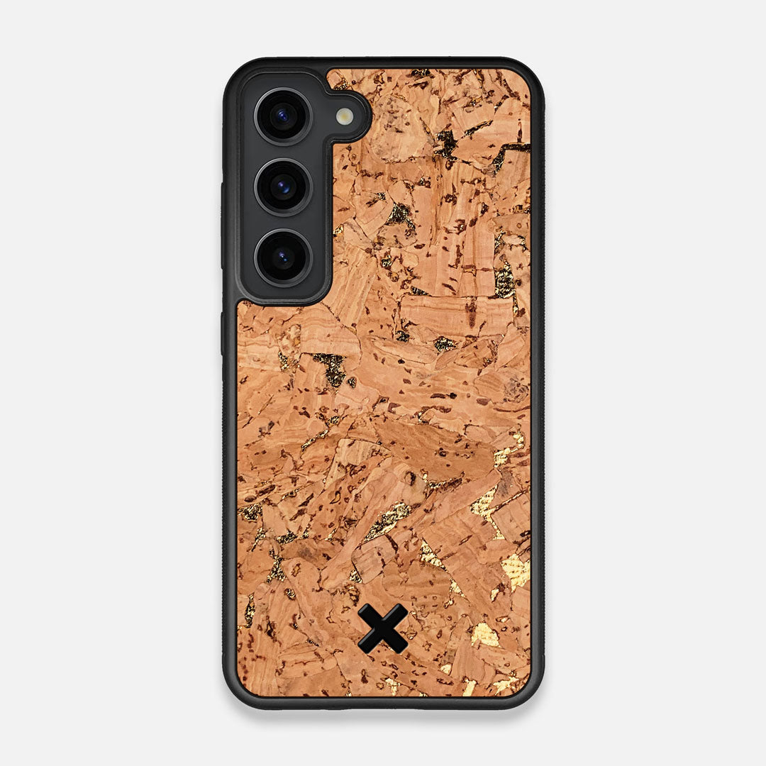 Front view of the gold fleck natural cork Galaxy S23 Case by Keyway Designs