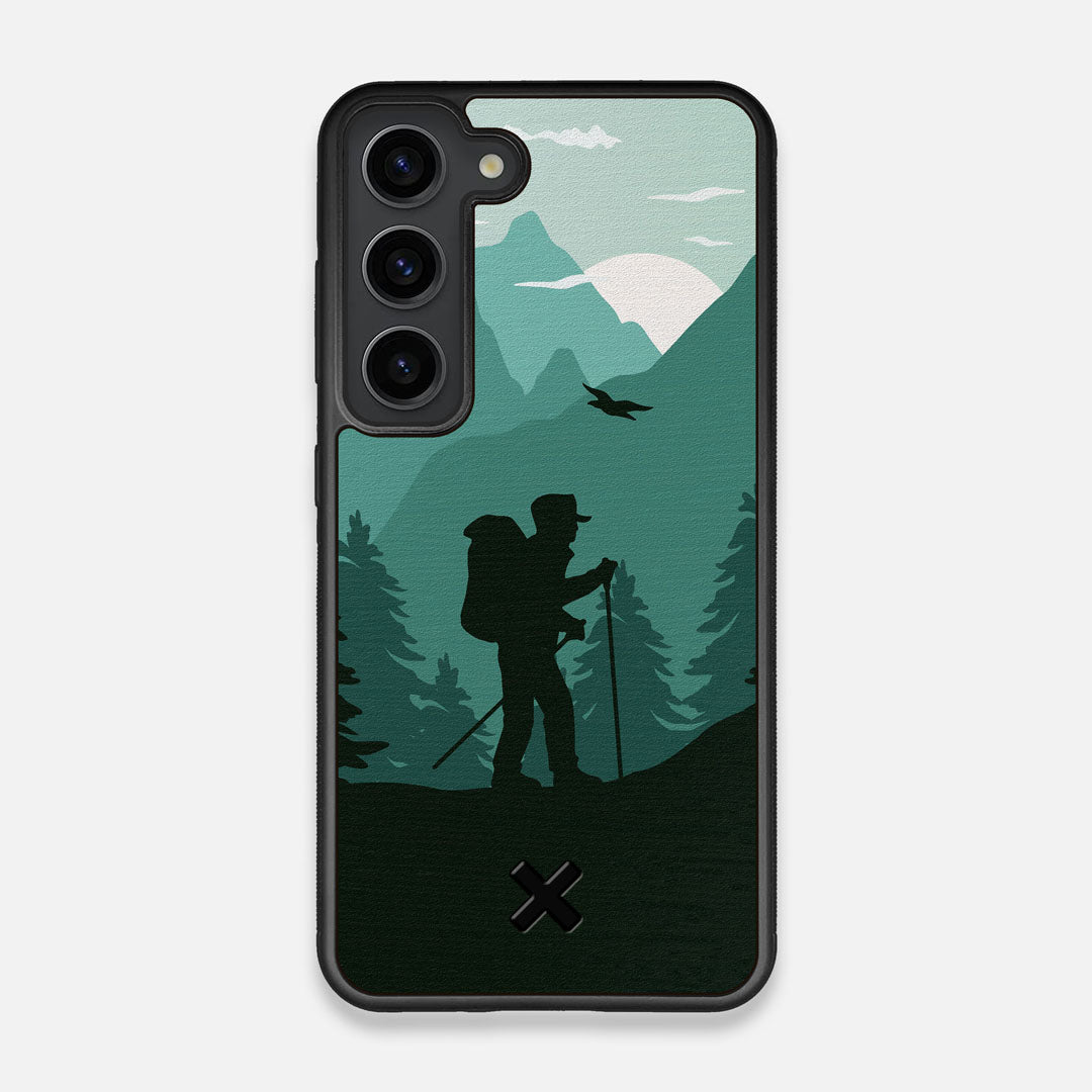 Front view of the stylized mountain hiker print on Wenge wood Galaxy S23 Case by Keyway Designs